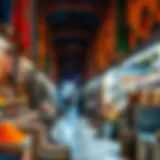 Vibrant souk filled with colorful textiles and spices