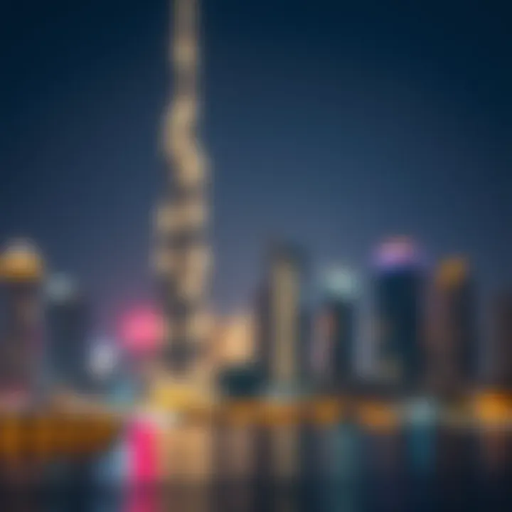 Al Ghadeer Tower Illuminated at Night Night view of Al Ghadeer Tower illuminated against the Dubai skyline