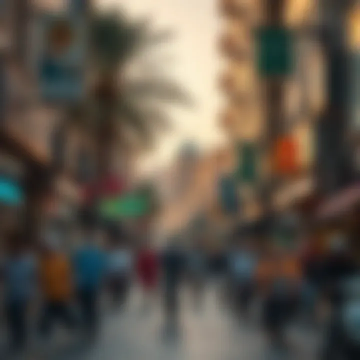 Vibrant Community Life Along Al Safa Street A bustling scene on Al Safa Street highlighting community amenities