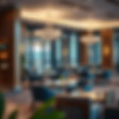 Business Lounge Amenities An elegant business lounge featuring various amenities such as refreshments and workstations.