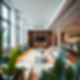 A modern business lounge showcasing minimalist design and comfortable seating arrangements.