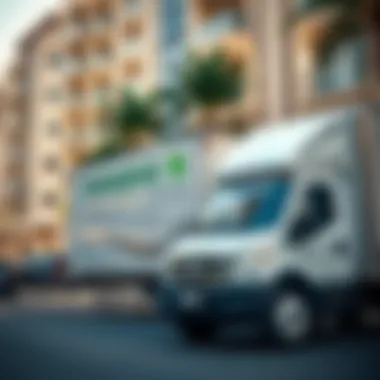 Moving truck parked outside a lavish apartment