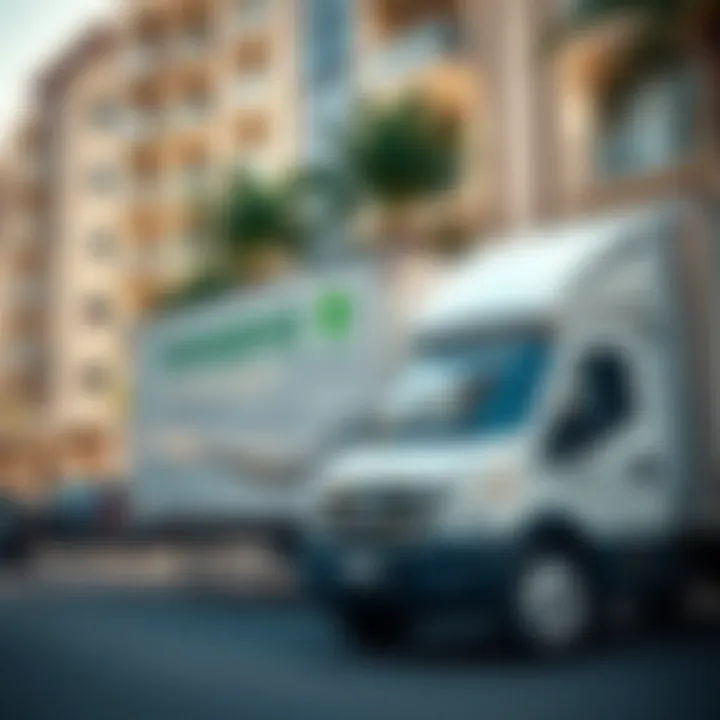 Moving truck parked outside a lavish apartment