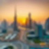 Stunning view of Dubai skyline at sunset
