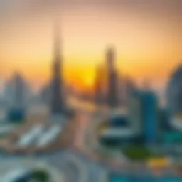 Stunning view of Dubai skyline at sunset