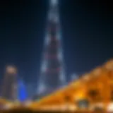 A stunning view of the Burj Khalifa illuminated at night