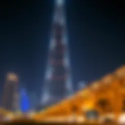 A stunning view of the Burj Khalifa illuminated at night