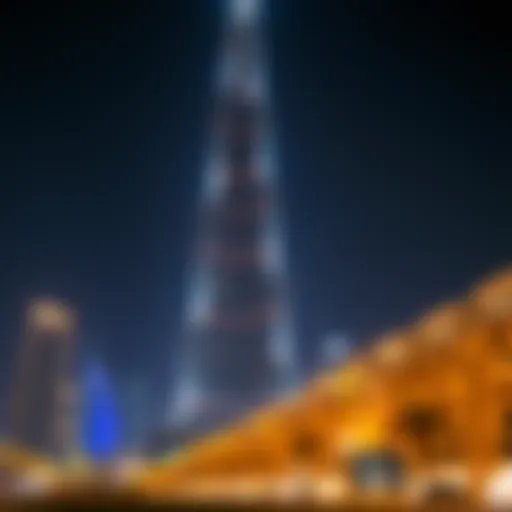 A stunning view of the Burj Khalifa illuminated at night