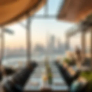Vibrant outdoor dining space at a DIFC restaurant with city skyline view