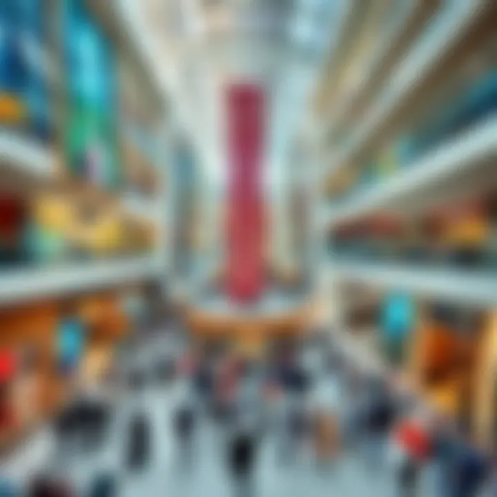 Panoramic View of Dubai Mall Atrium A panoramic view of the bustling Dubai Mall atrium filled with shoppers.