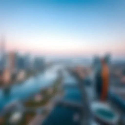 Aerial view showcasing the serene creek juxtaposed with the vibrant skyline of Dubai.