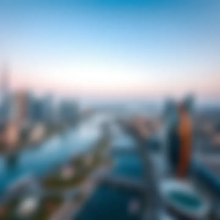 Aerial view showcasing the serene creek juxtaposed with the vibrant skyline of Dubai.
