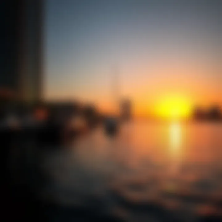 Glistening waters of Dubai's creek reflecting the sunset, symbolizing tranquility amidst urban growth.