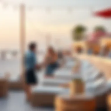 Vibrant beach party atmosphere with stylish loungers and gourmet food