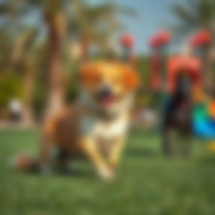 Dogs enjoying a play area in a Dubai park