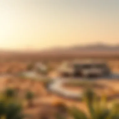 Sprawling Landscape of Dubai Ranches Sprawling landscape of Dubai ranches with desert backdrop