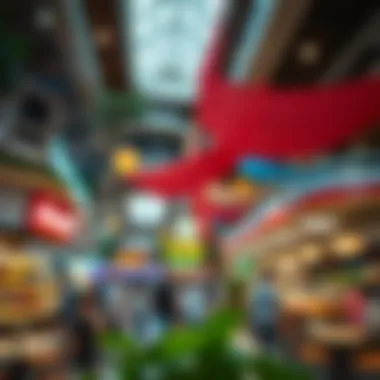 Interior shot showcasing a vibrant food court filled with diverse culinary offerings