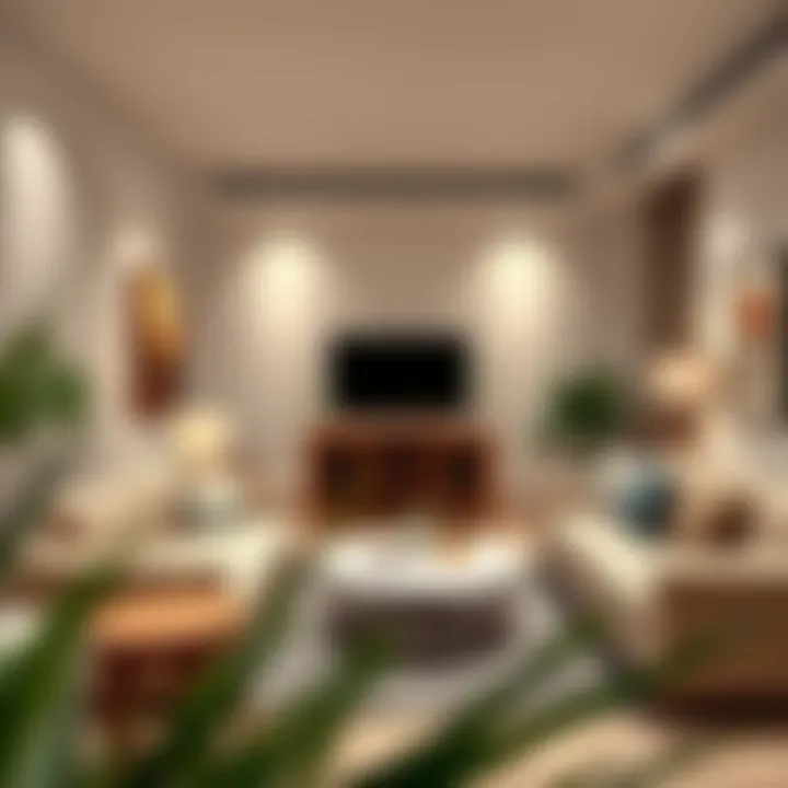 Cozy living area in a furnished studio with ambient lighting