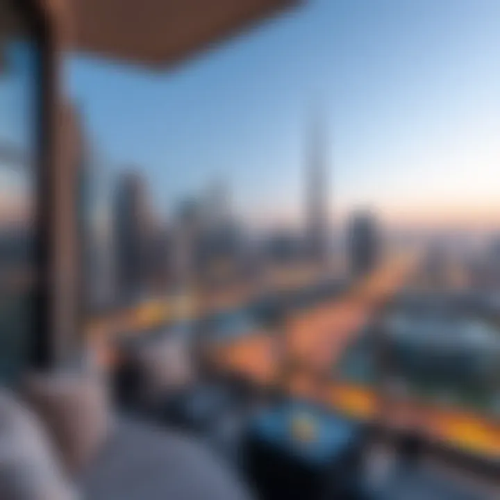 A vibrant Dubai skyline view from a studio apartment balcony