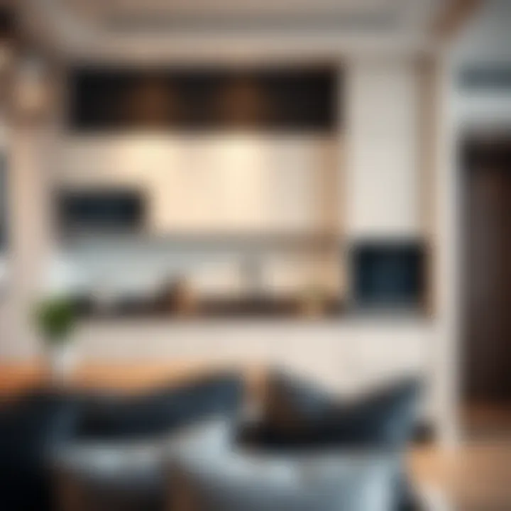 Trendy studio kitchen area with high-end appliances and design