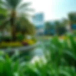 Scenic view of the jogging pond surrounded by lush greenery