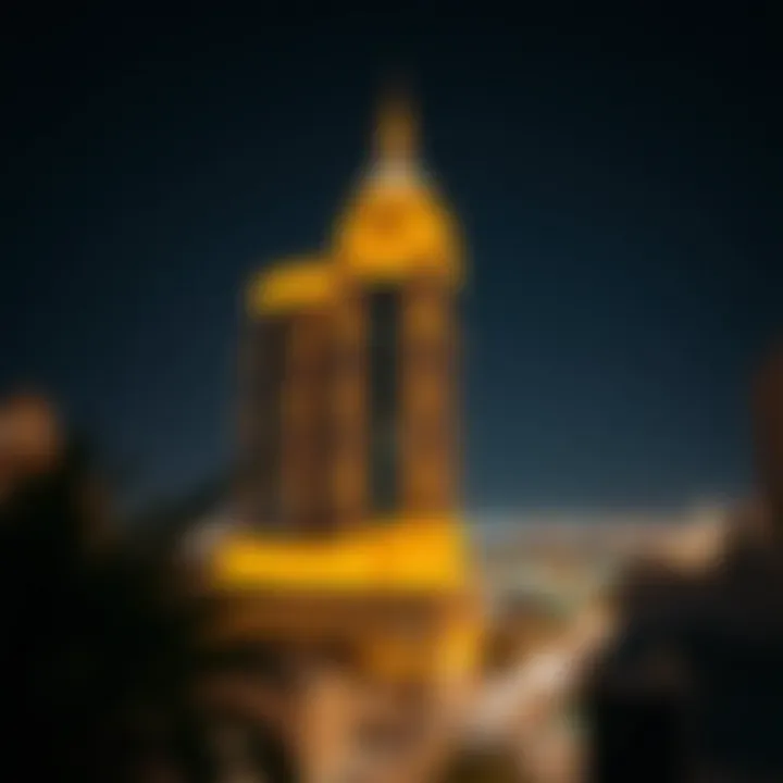 Night view of the Rayhana Building illuminated with city lights