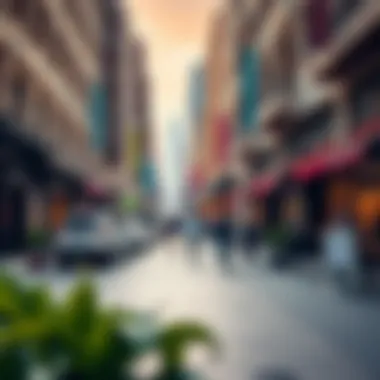 Vibrant Urban Street in Dubai Busy urban street with cafes and shops encouraging foot traffic