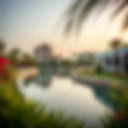 A serene view of Heart Lake surrounded by lush greenery and modern architecture