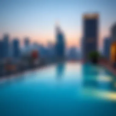 Rooftop Pool with Stunning Skyline Panoramic view of the rooftop pool with city skyline