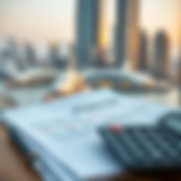 Financial Planning for Relocation Financial documents and a calculator with a Dubai skyline in the background