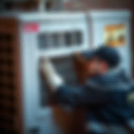 Technician inspecting an old air conditioning unit