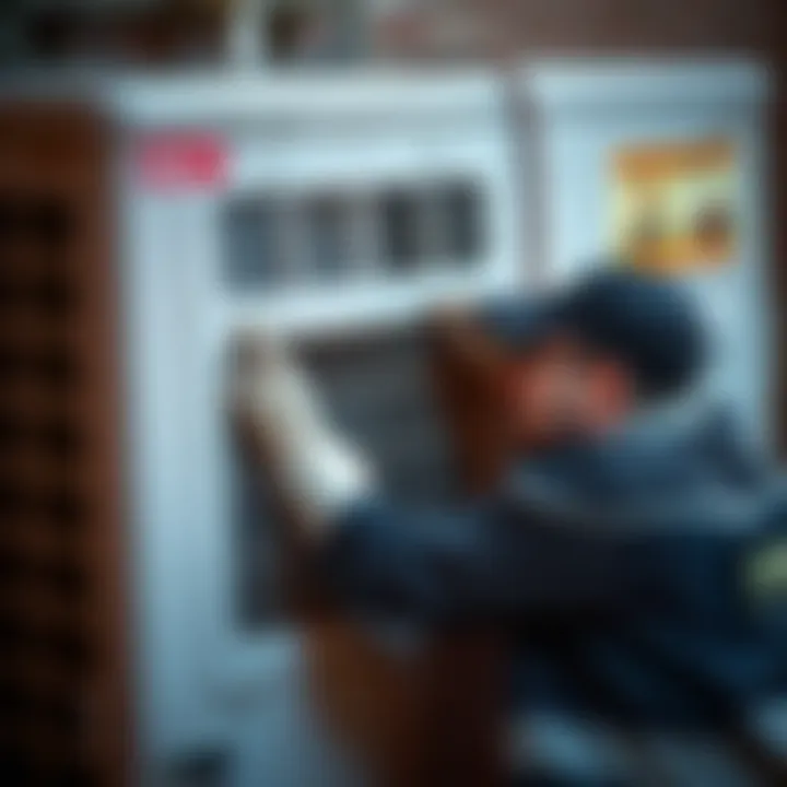 Technician inspecting an old air conditioning unit