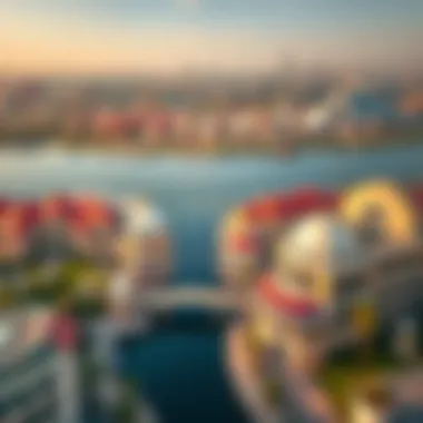 Aerial View of Riverland: Architecture Meets Vibrancy Panoramic view of Riverland Dubai showcasing its unique architecture and vibrant colors.