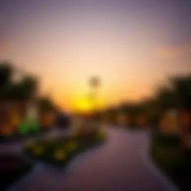 Sunset Serenity: Riverland Dubai's Enchanting Atmosphere Stunning sunset over Riverland Dubai illuminating the enchanting pathways.