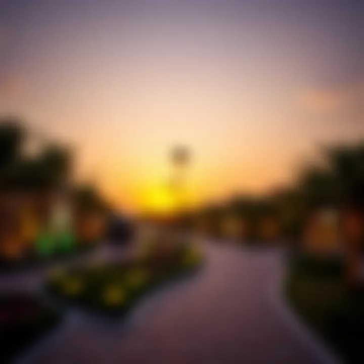 Sunset Serenity: Riverland Dubai's Enchanting Atmosphere Stunning sunset over Riverland Dubai illuminating the enchanting pathways.