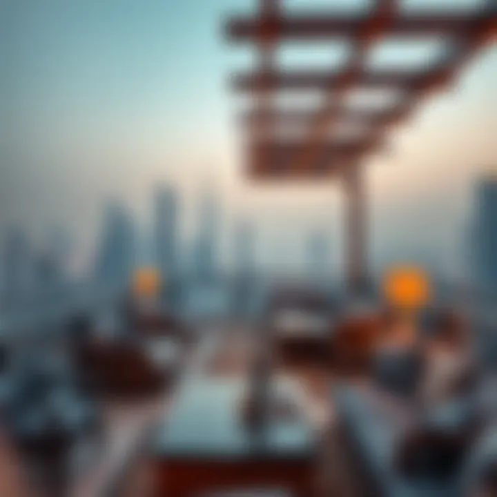 A stunning view of Dubai skyline from a rooftop lounge
