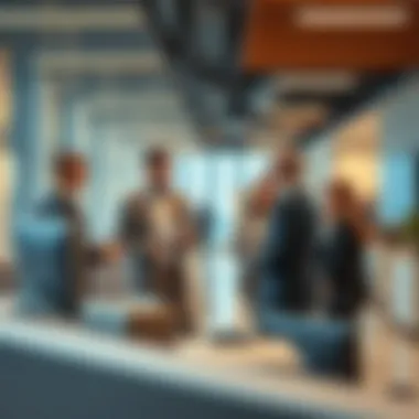 Business professionals discussing in a high-tech office environment within an IT plaza