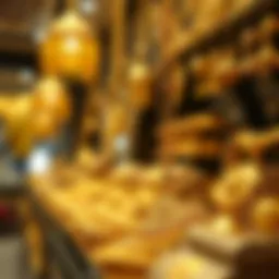Golden jewelry displayed in Dubai's traditional gold souk