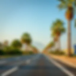 A scenic view of a road in the UAE with palm trees