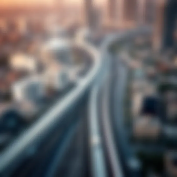Metro Lines Connecting Dubai's Urban Fabric Aerial view of Dubai's urban landscape with metro lines